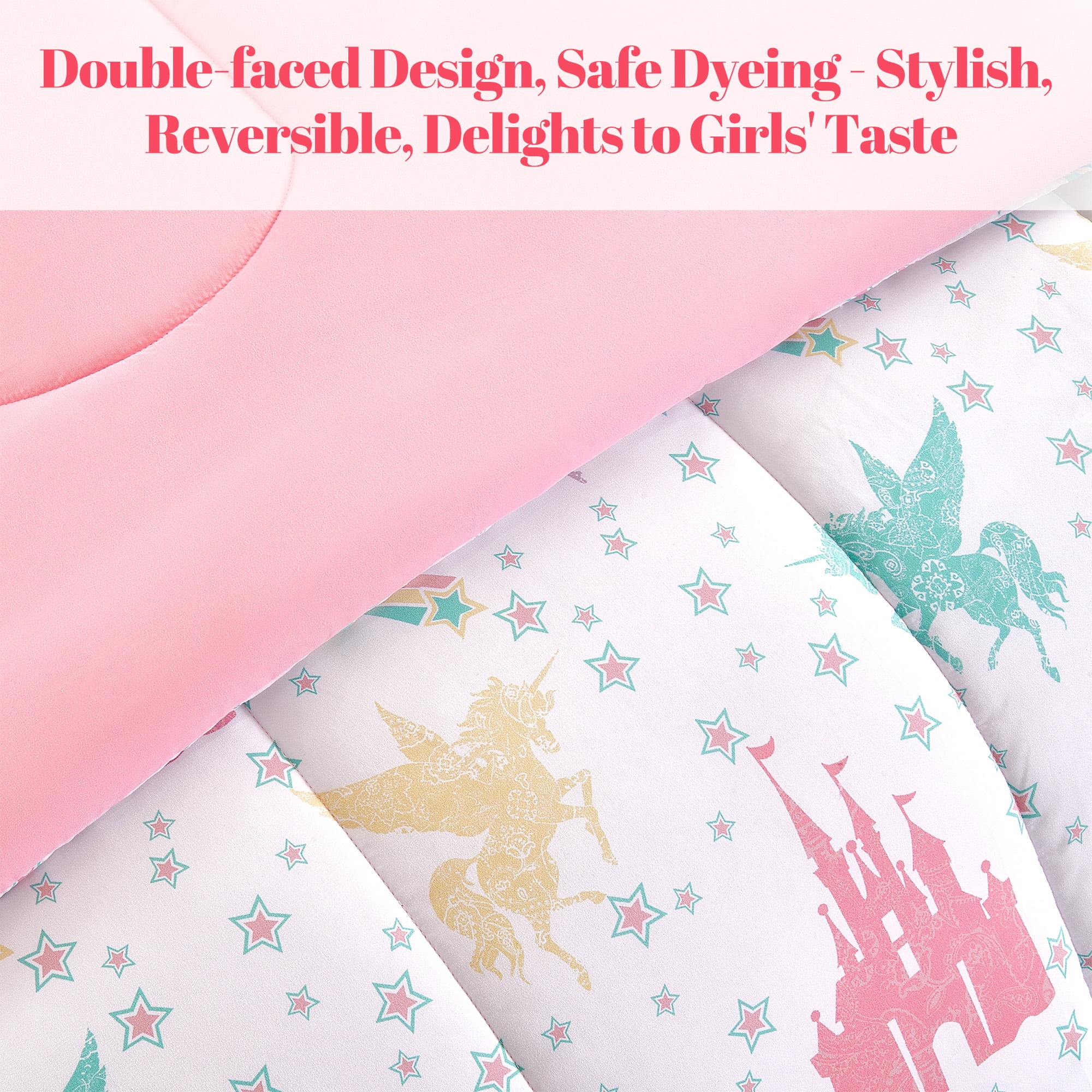 Sonive Twin Kids Comforter Set, 5 Pieces Super Soft and Fluffy Bedding Set, Pink Castle