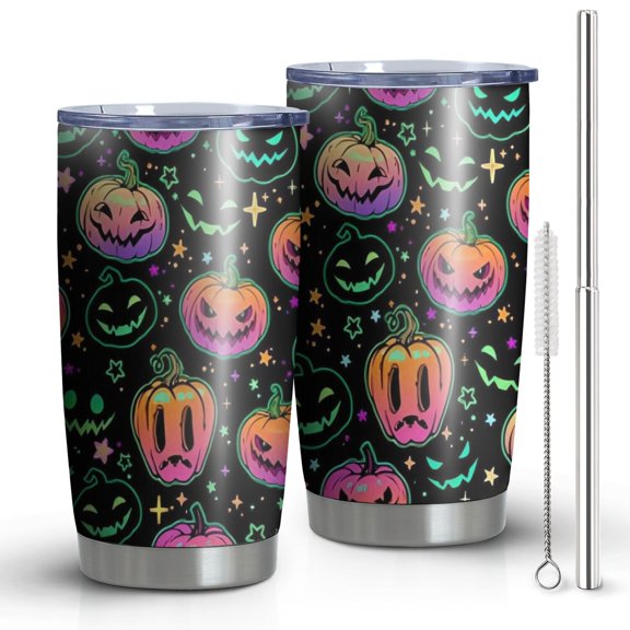 20oz Tumblers Neon Halloween Pumpkins Pattern Stainless Steel Vacuum Insulated Double Wall Travel Tumbler Cups Mug with Lid and Straw,Cleaning Brush for Cold & Hot Drinks