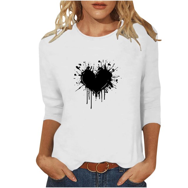 Plebaso Hauts Cœur pour Femmes Manches 3/4 Col Rond T-Shirts Décontractés Imprimé Chandail Femmes 2025 Tee Blouses