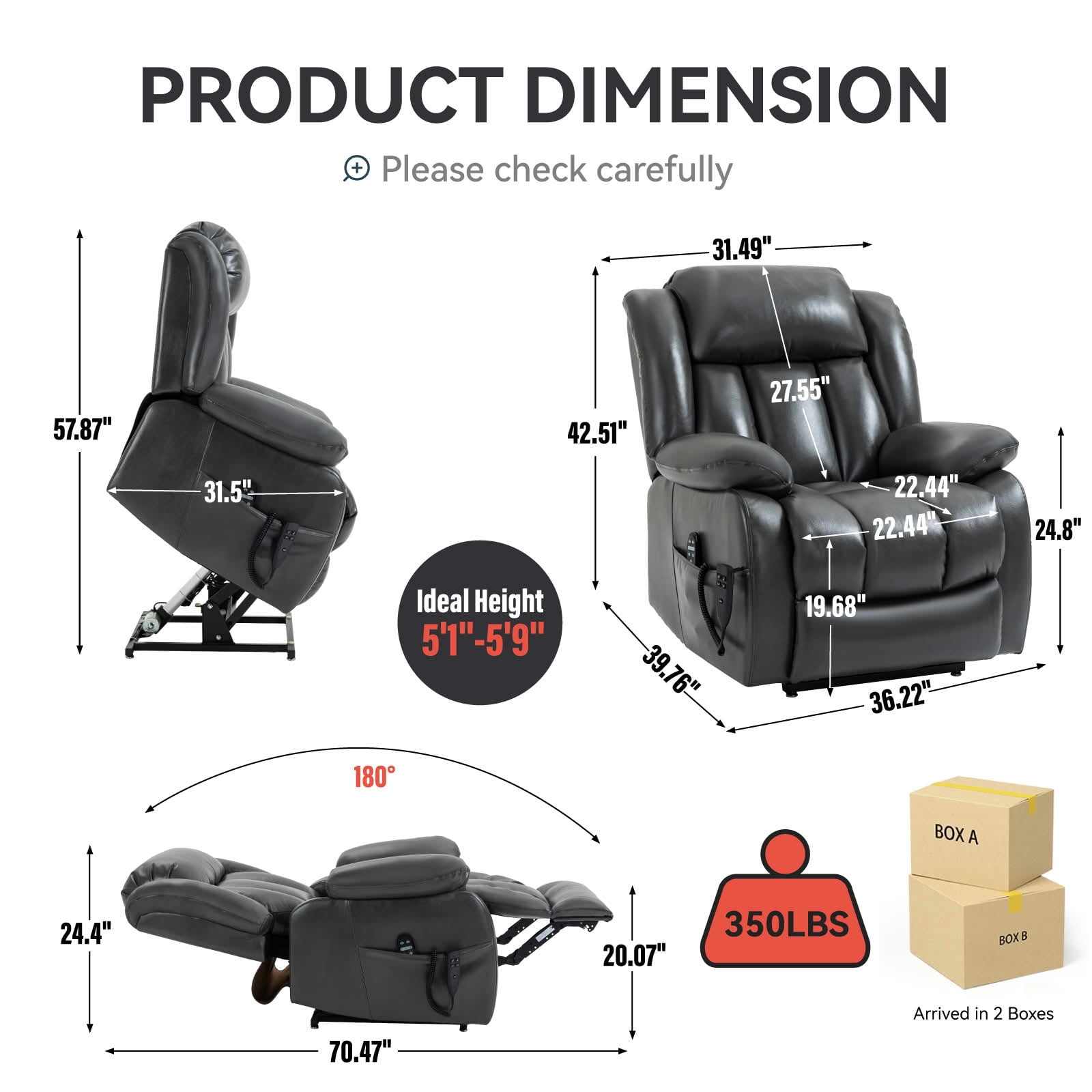MAYEERTY Grey Dual Motor Power Lift Recliner, 350lbs 8-Point Massage Heat 180° 36"x40"x43" for Elderly