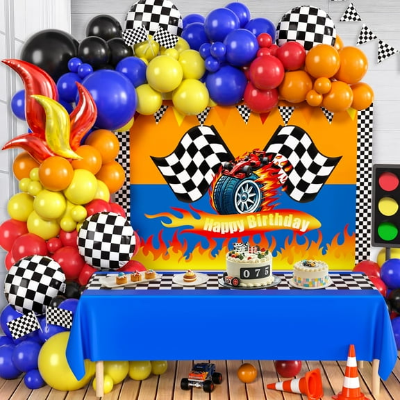 KELENO 131 Wheels Race Car Birthday KKS1 Party Decorations Racing Red Blue Yellow Black Balloons Garland Arch Kit Bakdrop Tablecloth S Checkered Foil Balloons, Boy Kid Girl Cars Party Decor