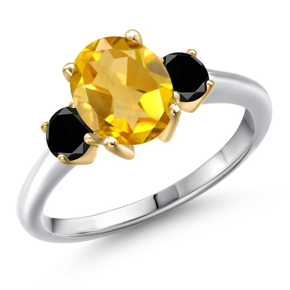 Gem Stone King 925 Silver and 10K Yellow Gold Yellow Citrine and Black Diamond Engagement Ring for Women | 2.04 Cttw | Oval 9X7MM | Gemstone November Birthstone | Size 5