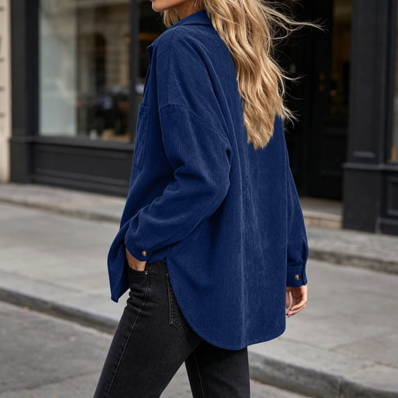 OGLCCG Womens Corduroy Button Down Shirts Long Sleeve Oversized Shacket Jacket Fall Casual Lapel Outerwear with Pockets,Size S-XXL