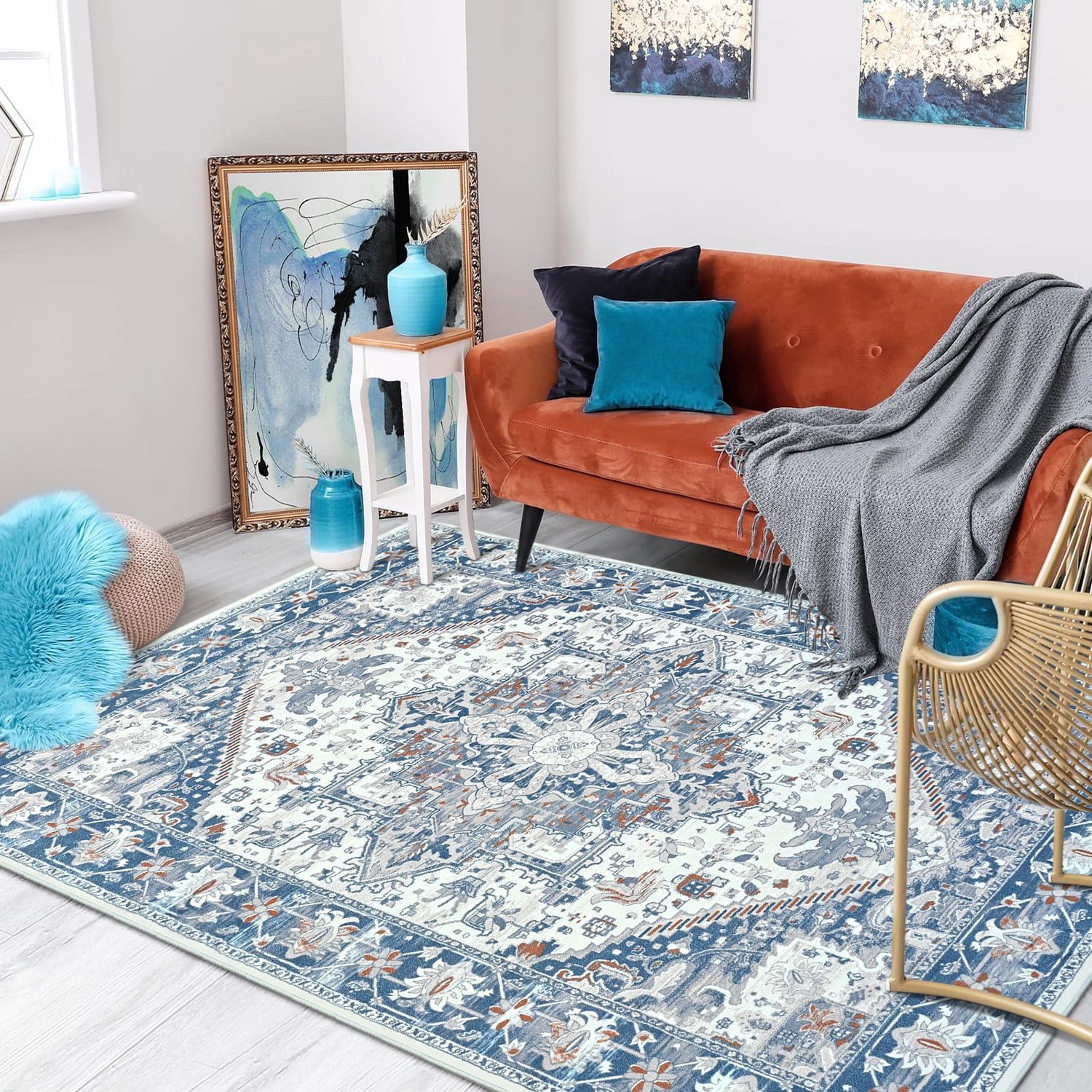 Lochas Vintage Floral Rugs Soft Accent Area Rug Low-Pile Carpet for Living Room Bedroom Home Decor,10'x14',Beige