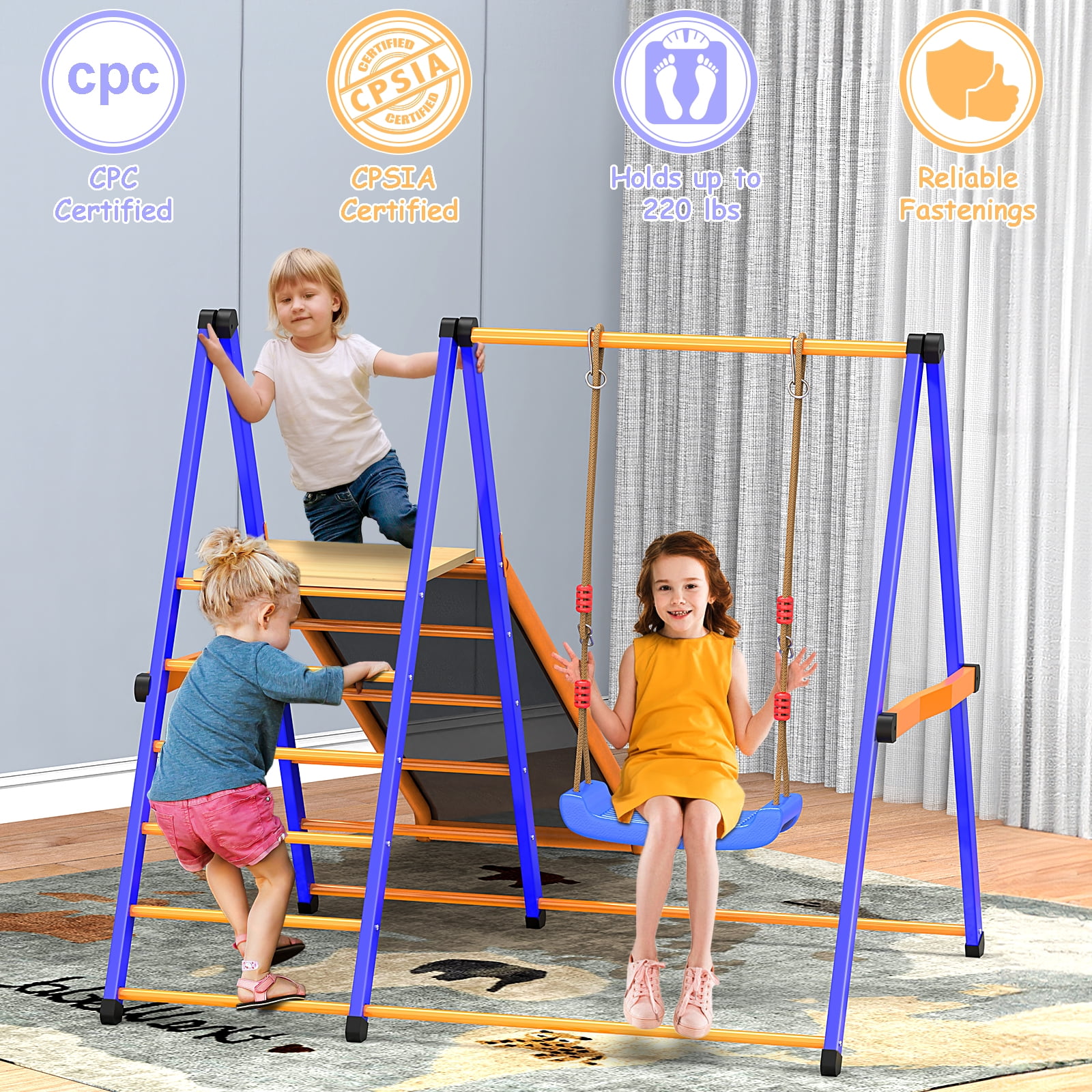 ​XIEWEI 4 in 1 Indoor Jungle Gym Playset with Swing and Slide Durable Metal Climber for Kids