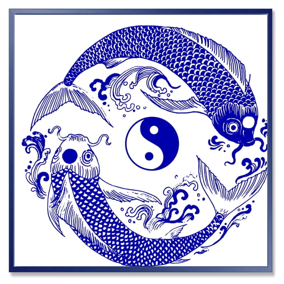 Designart 'Blue Chinoiserie Koi Fish II' Traditional Framed Canvas Wall Art Print