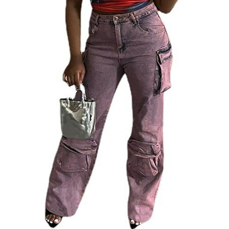Denim cargo pants for women with pockets Tie Dyed Denim High Waisted  Straight Tube Splicing Multiple Pockets Work Style Pants Pink L