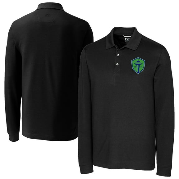 Men's-Cutter & Buck  Black Seattle Sounders FC Big & Tall Advantage Eco Tri-Blend Pique Long Sleeve Polo