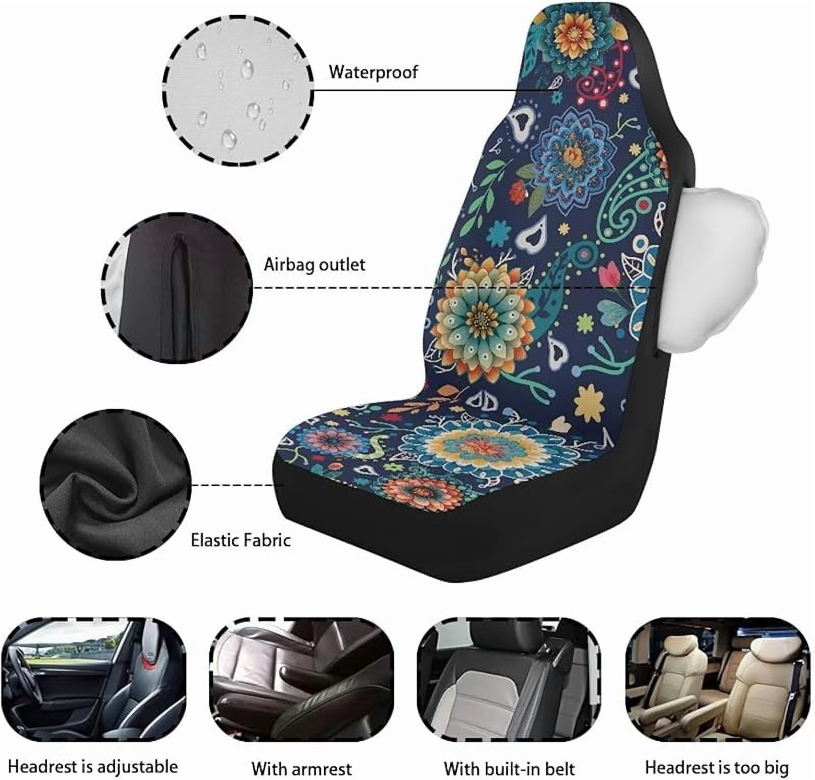 Boho Floral Blossom Car Seat Covers Front Set Lightweight Waterproof Automotive Car Interior Covers Universal Fit for Most Car Interior Covers for Sedan Truck SUV,Pack of 2