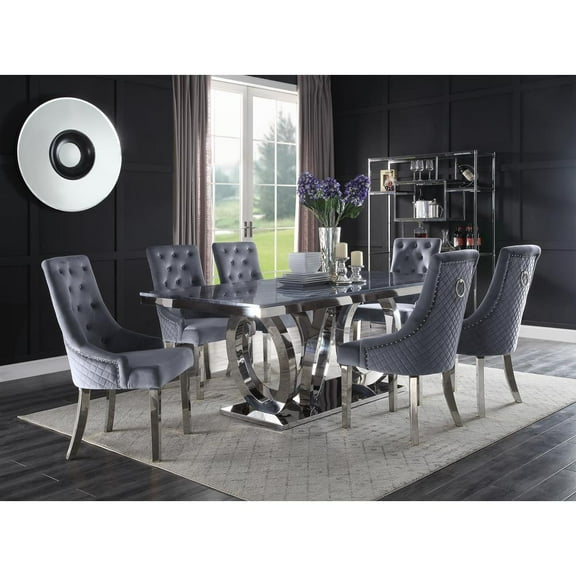 ACME Nasir Dining Table, White Engineered Stone & Mirrored Silver Finish