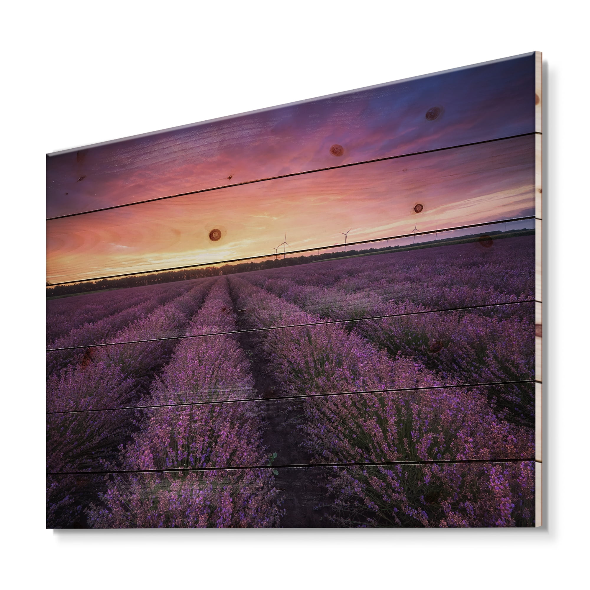 Designart 'Dramatic Clouds and Sunrise Over Lavender Field XIII' Farmhouse Print on Natural Pine Wood