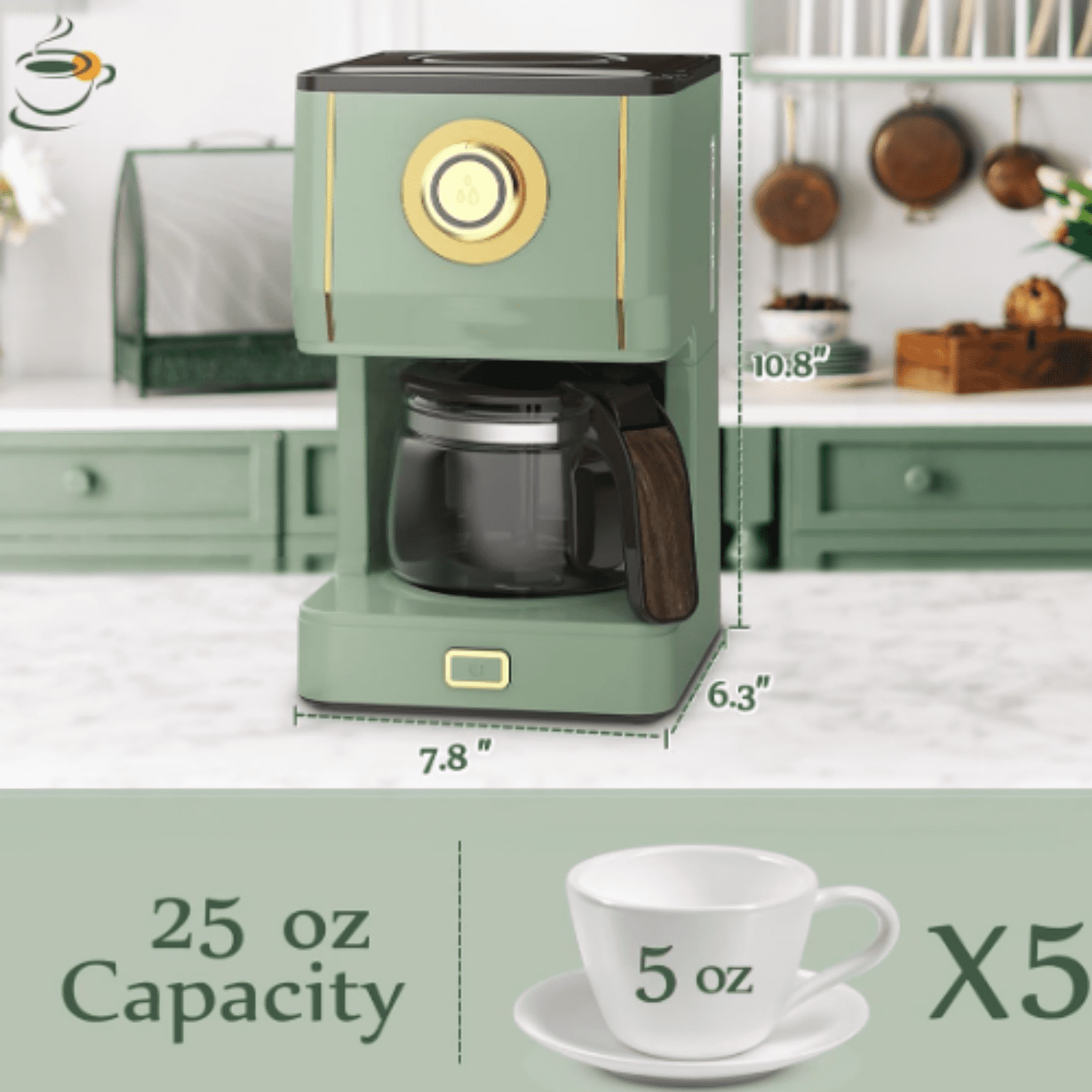 Drip Coffee Maker, Coffee Machine with 25 Oz Glass Coffee Pot, Retro Style Coffee Maker with Reusable Filter & Three Brewing Modes, 30minute-Warm-Keeping, Matcha Green