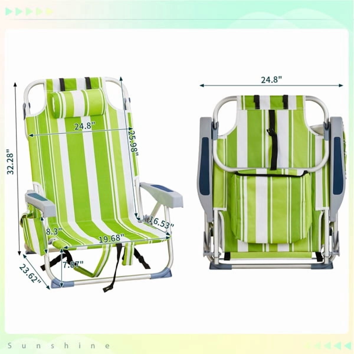 Alvantor 5-Position Folding Beach Chair for Adults with Headrest, Cup Holder, Cooler Bag, Shoulder Strap, Green Stripe