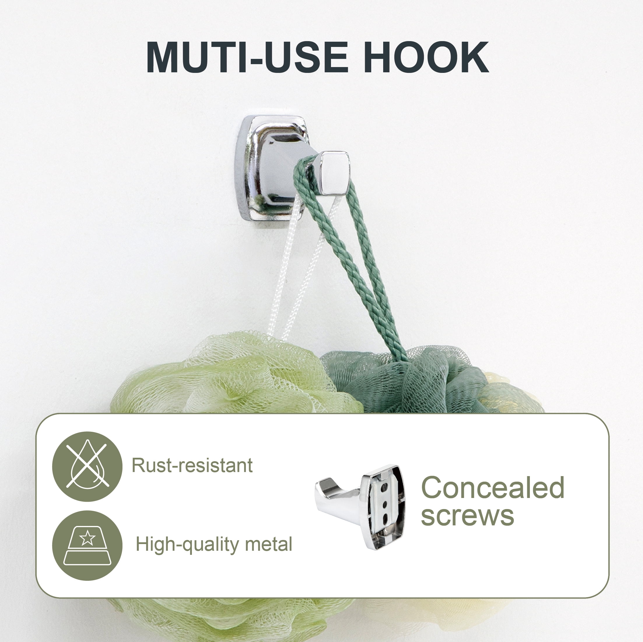 Mainstays Square Wall Mount Robe Hook Chrome Finish with Hardware