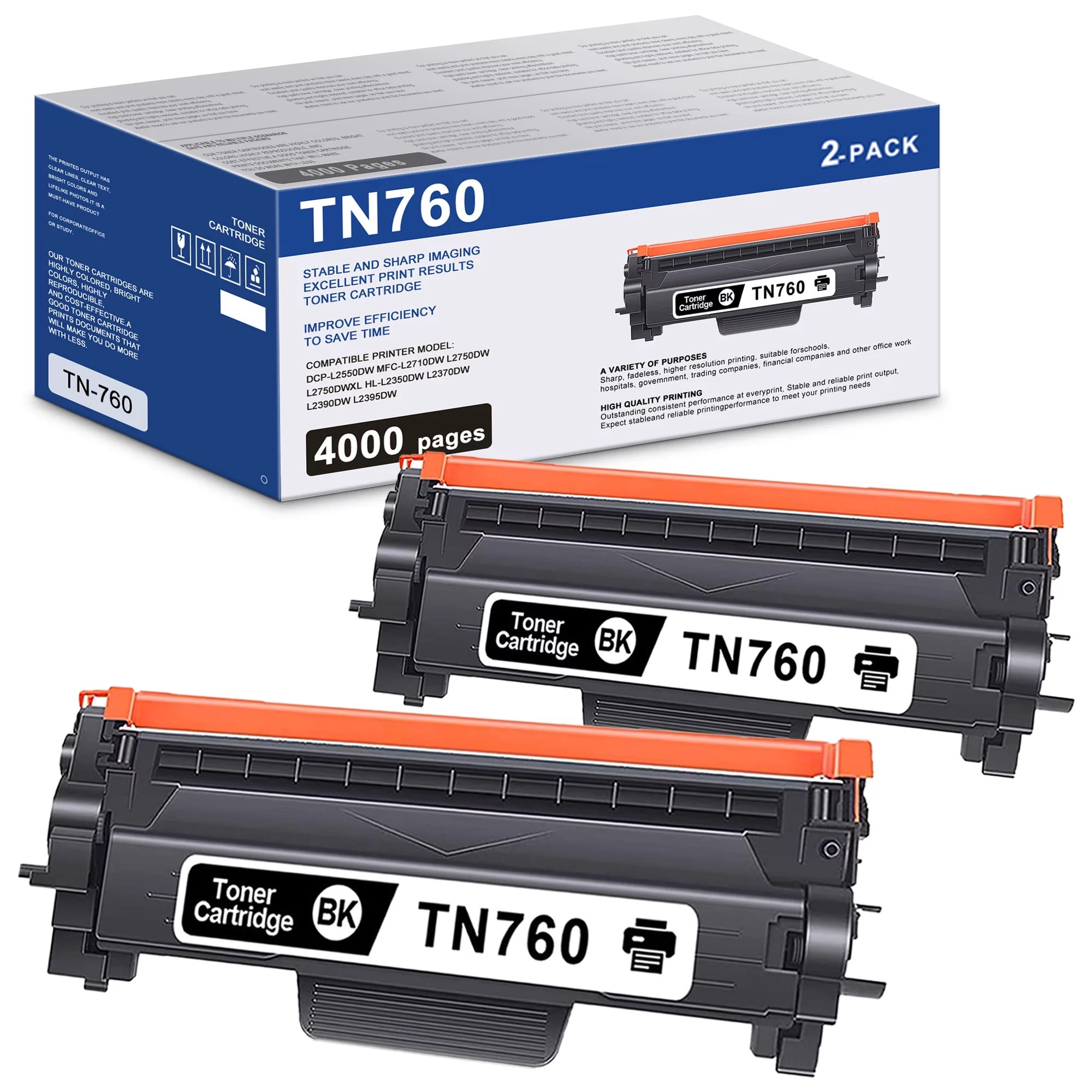 TN760 TN 760 Toner Cartridge Black 2-Pack Replacement for Brother TN760 TN 760 TN-760 TN730 TN 730 Toner for MFC-L2750DWXL HL-L2370DW Printer
