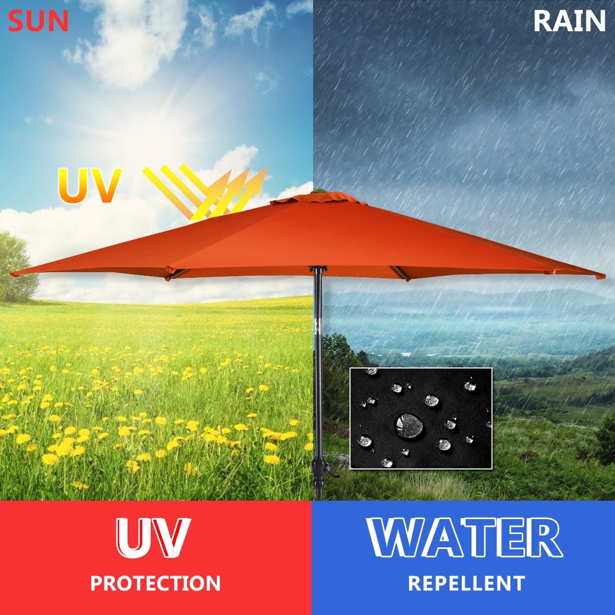Costway 9 ft Orange Hexagon Market Patio Umbrella, Water-Resistant