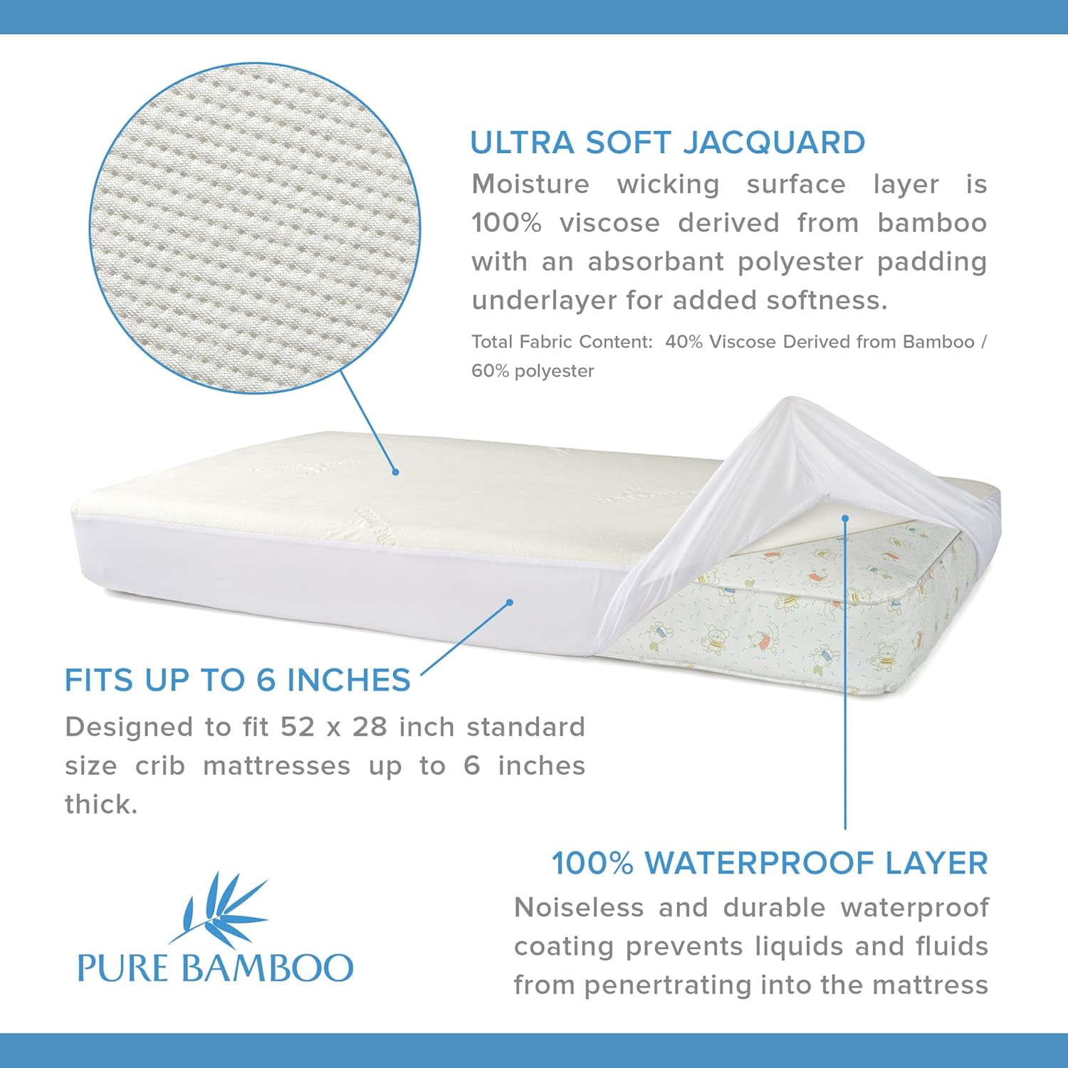 Bamboo Crib Mattress Protector, Waterproof - Breathable, Noiseless Mattress Cover Pad Protects Against Moisture & Stains - Fits 52x28x6 inch Mattress