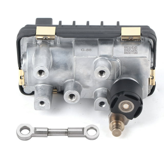 actuador electrónico turbo BK3Q6K682PC de repuesto para ford ranger/transit 2.2 tdci, vista frontal centrada del actuador metálico con carcasa ABS y varios puertos visibles, modelo GTB1749V, número OEM BK3Q6K682PC y varilla de conexión incluida en primer plano.