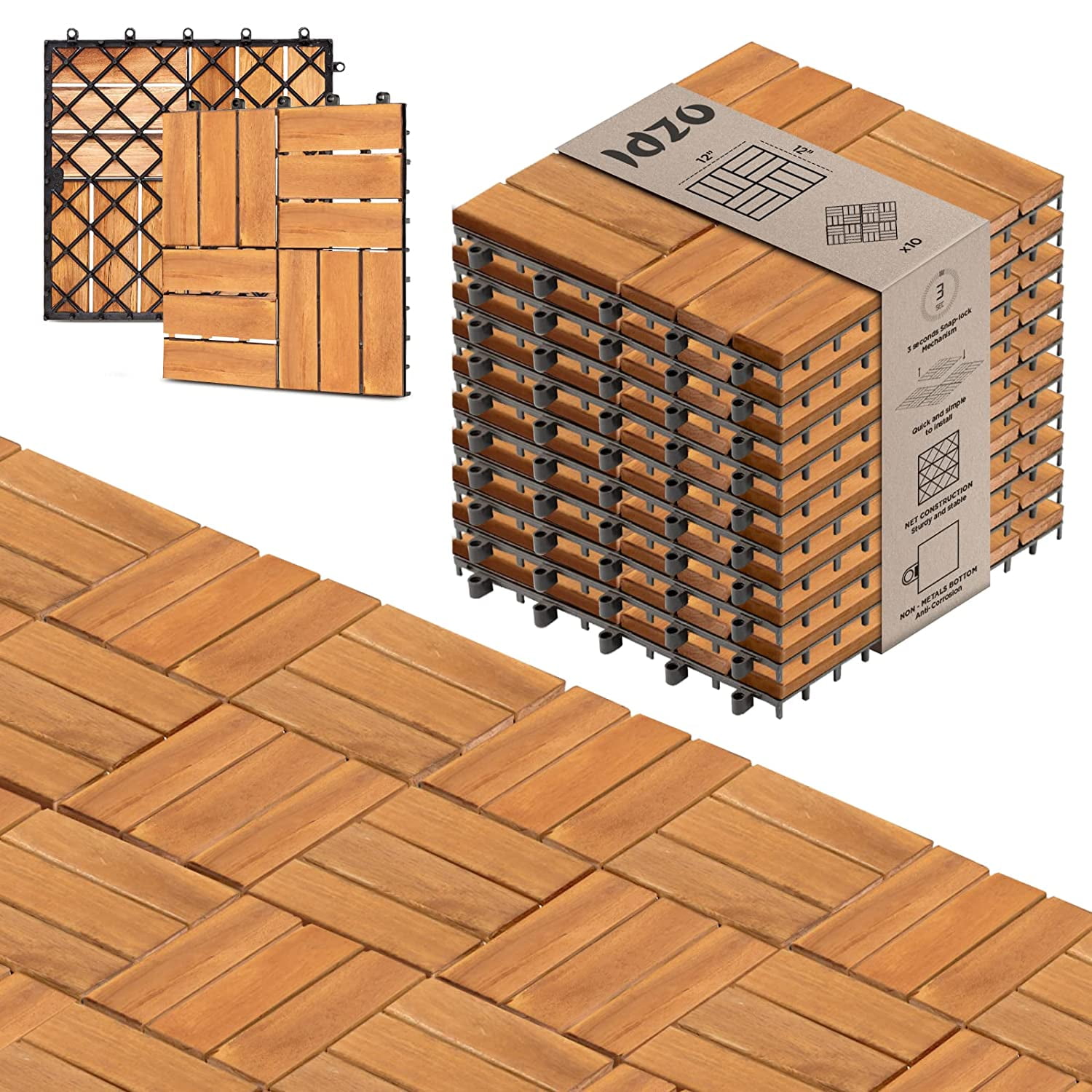 Idzo Pack of 10 Deck Tiles Waterproof Acacia Wood for Outdoor