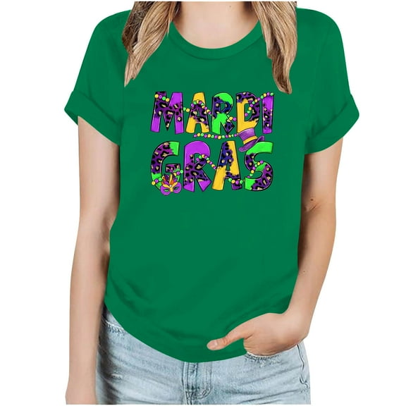 ICHUANYI Women's Stylish Crewneck Mardi Gras Loose Shirt Print Short Sleeve T-shirt Casual Tops Cloth New Trending