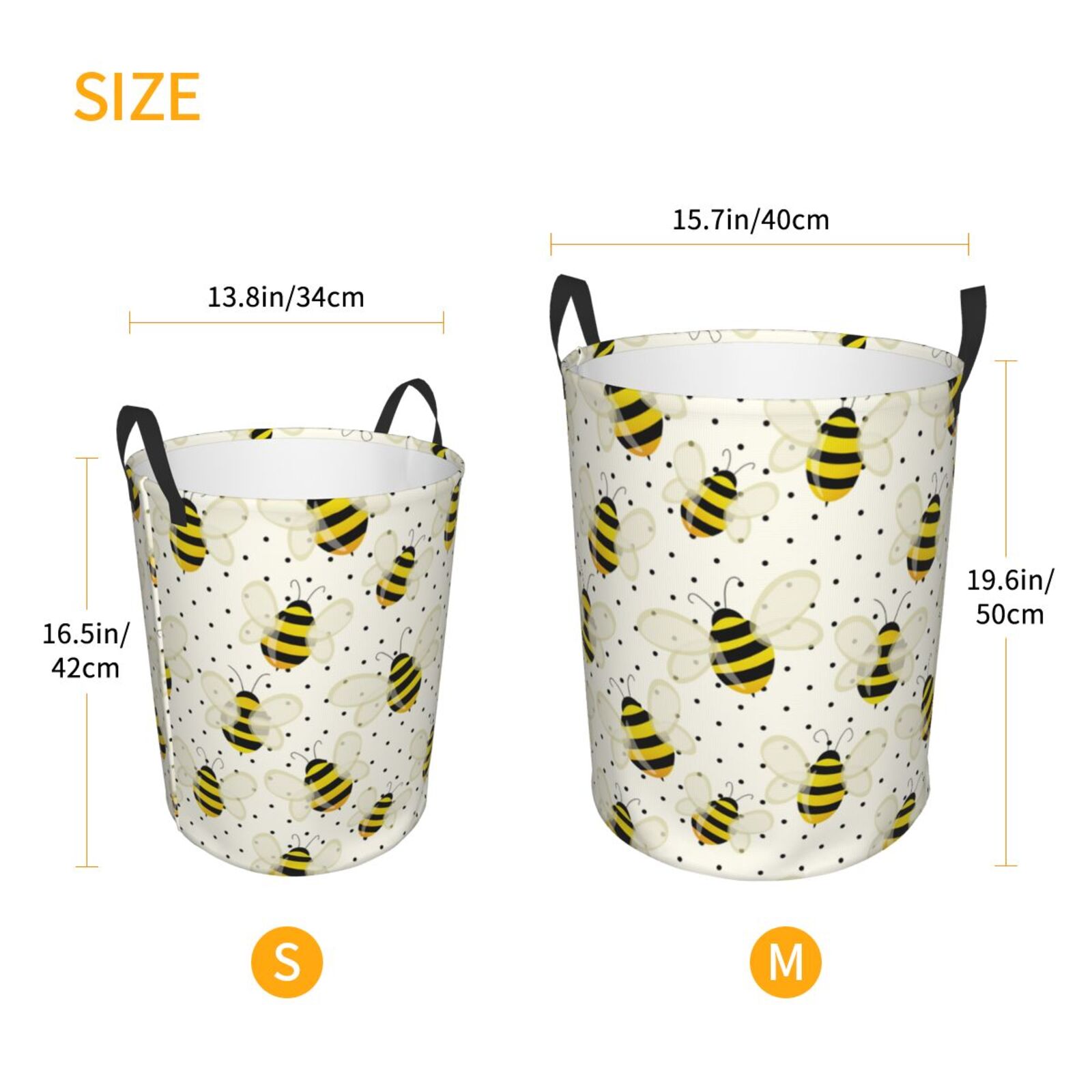 Large Laundry Basket with Handles - cute yellow bees polka dots Kids Baby Dirty Clothes Laundry Hamper for Bedroom Aesthetic