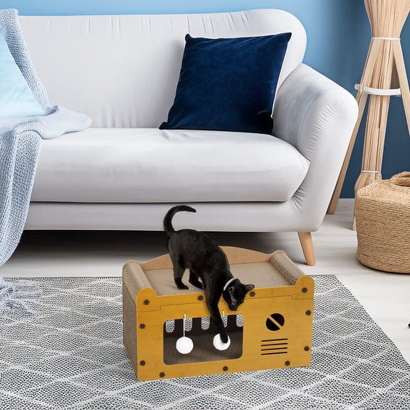 2‑Tier TV‑Style Cat House with Scratching Pad, 17.7" Cat Bed with Hanging Ball Toys for Indoor Cats Up to 22 lbs