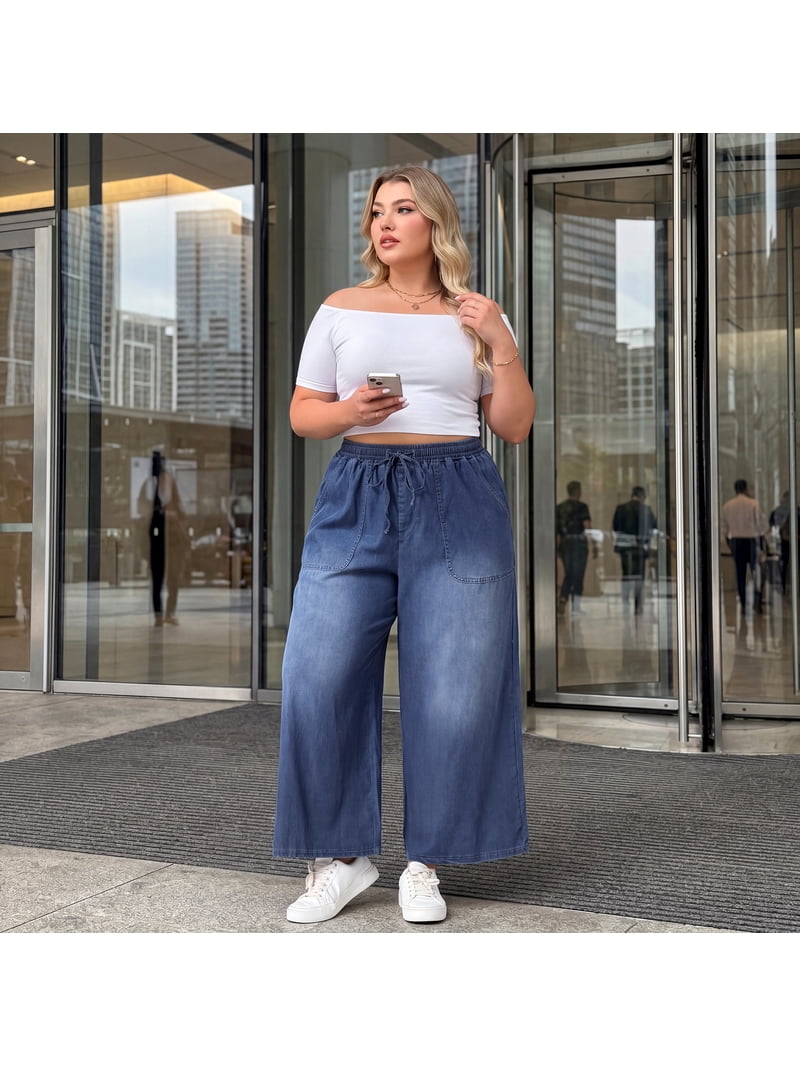 Agnes Orinda Women's Plus Size Jeans Drawstring Elastic Waist