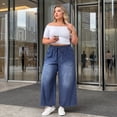 thumbnail image 3 of Agnes Orinda Women's Plus Size Jeans Drawstring Elastic Waist Denim Pants Casual Wide Leg Chambray Palazzo Pants with Pockets 4X Black Blue, 3 of 8