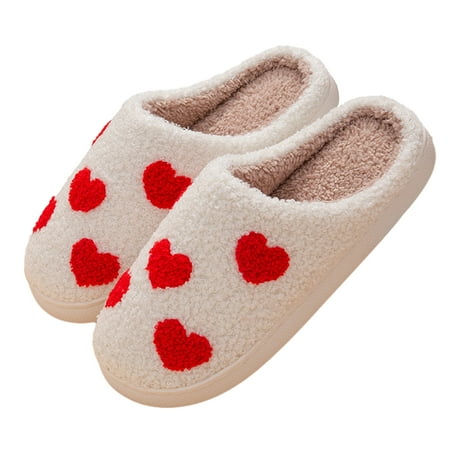 

Aton D. Women s Fuzzy Slippers Cute Heart Print Slippers Furry House Shoes Valentine’s Day Gifts