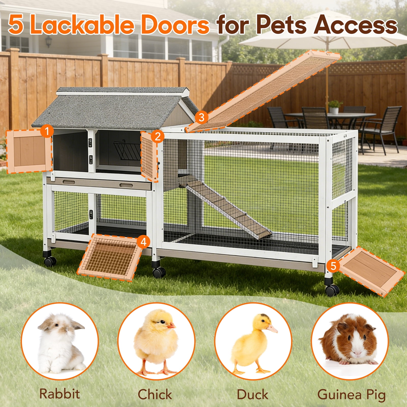59" Large Rabbit Hutch Outdoor Wooden Bunny Cage with 3 Deep Trays, 5 Access Doors & Openable Roof, Expandable Guinea Pig Cage, Waterproof
