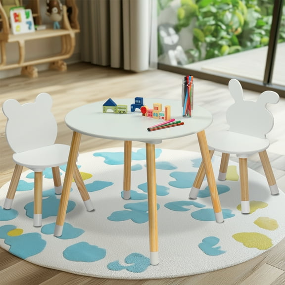 Ktaxon Kids Sensory Table & Chairs Set, Toddler Play Table with 2 Chairs, 3 Pieces Children Multi-Activity Round Table for Play Art Craft Reading Learning, Eating, White