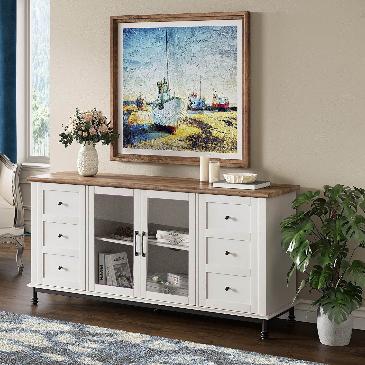Blue Light Farmhouse White Glass&Wood Television Stand for 75 inch TV,Entertainment Center with 4 Storage Cabinets for Living Room