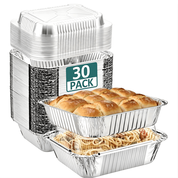 Small Aluminum Pans with Clear Lids (30-Pack, 8.6"×6.3") – 2.25LB Tin Foil Pans with Lids, Disposable Aluminum Food Containers with Lids for Take-out, Meal Prep, Food Storage & To-Go