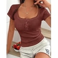 thumbnail image 2 of PRETTYGARDEN Summer Tops for Women Short Sleeve Lace Trim Slim Fitted Henley Tee Shirts Y2K Fashion Clothing, 2 of 6