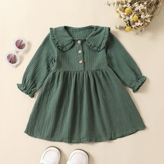 Newborn Girls Long Sleeve Dresses Fall Size 0-3 Toddlers Kids Cute Ruffle Doll-Collar Solid Color Soft Casual A-Line Dress