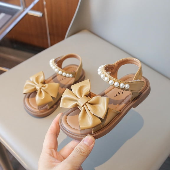SGFCWSX Girls Flat Sandals Bow Pearl Decor Open Toe Adjustable Ankle Strap Soft Sole Summer Beach Casual Sandals Yellow Size 5 Years