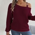 thumbnail image 5 of Duoif Sweaters for Women Trendy Women's Fall/Winter Casual Metal Buckle Spliced Off The Shoulder Sleeve Pullover Sweater Women's Sweaters Womens Tops Red L, 5 of 8