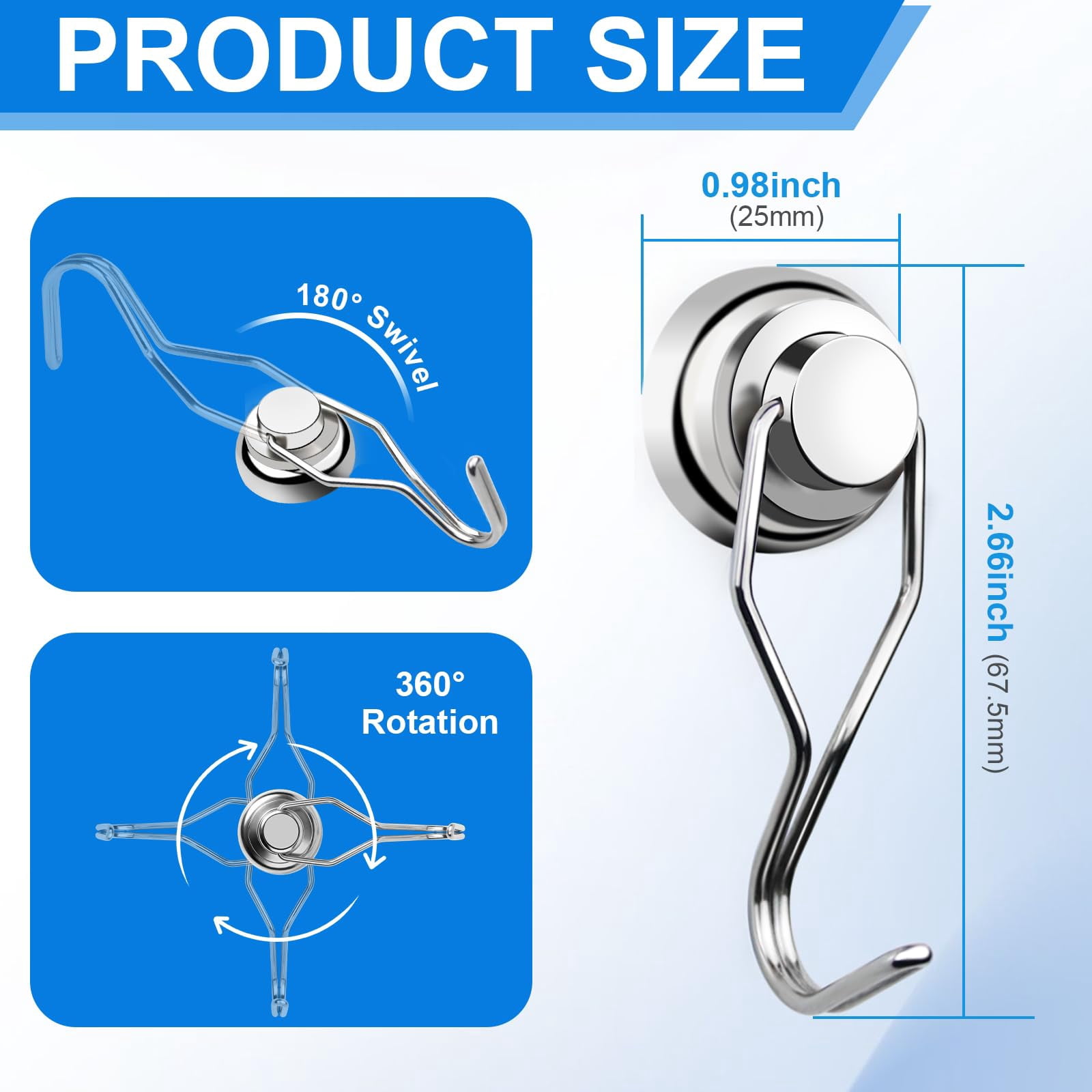 80LB Upgraded Swivel Magnetic Hooks, 2.66In Neodymium Magnets for Refrigerator, Strong Holding for Vertical & Horizontal Surfaces (Silver, 8PC)
