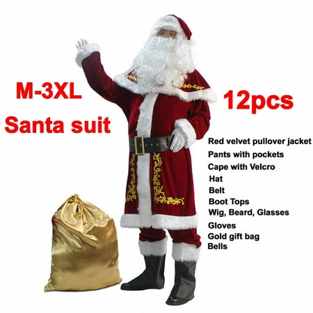 Adult Santa Claus Christmas Suit Costume Set 12PCS for Party Cosplay -M