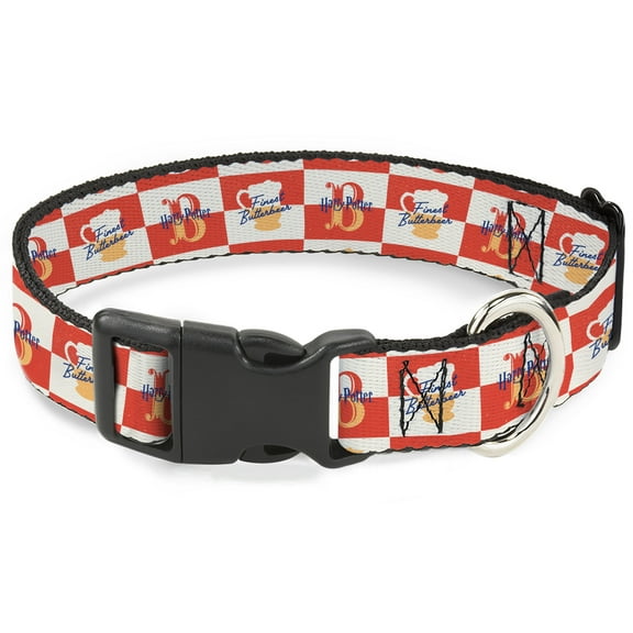 The Wizarding World of Harry Potter Pet Collar, Dog Collar Plastic Buckle, Harry Potter Finest Butterbeer Logo and Mug Checker Red White, 7 to 8.5 Inches 0.5 Inch Wide
