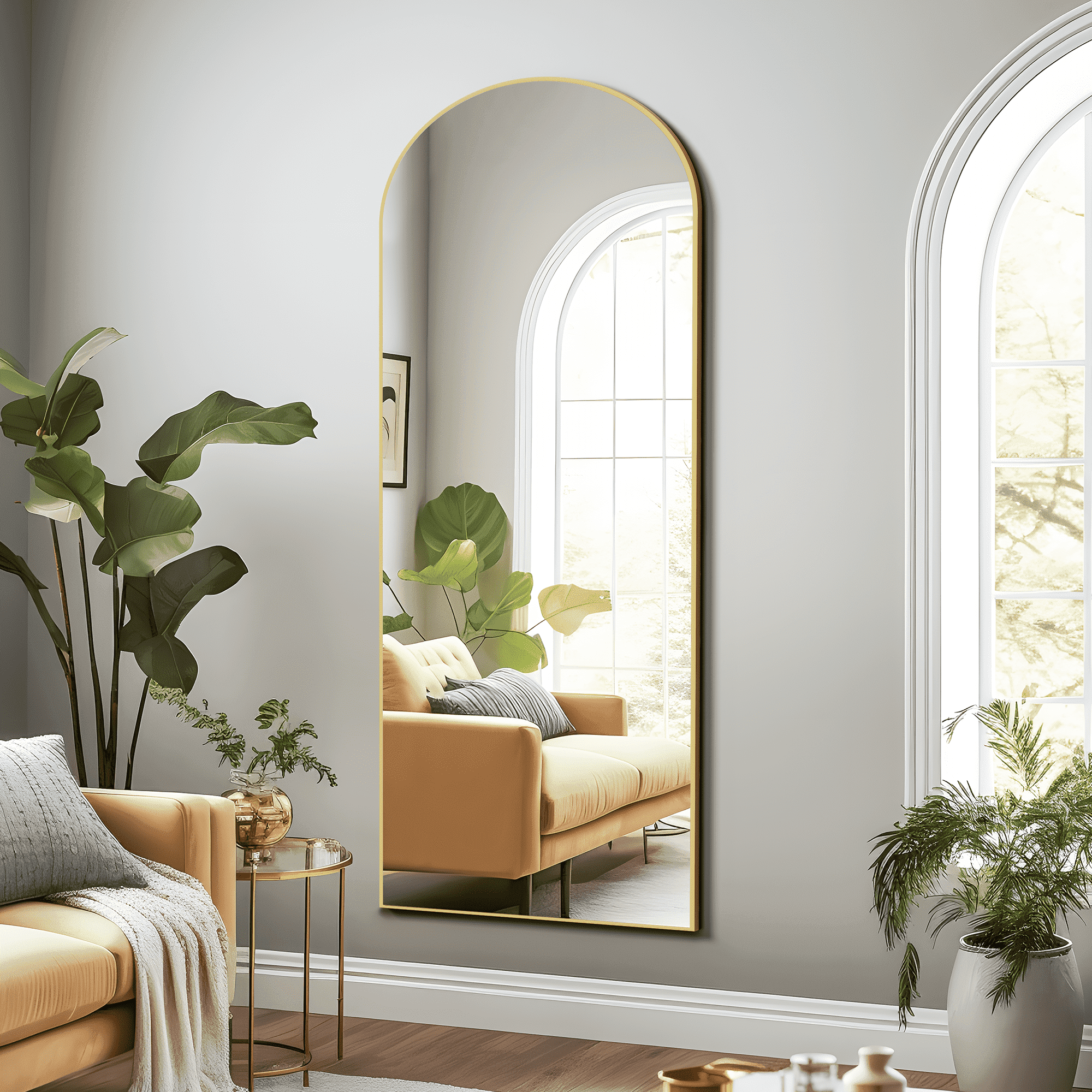 MAYEERTY Arched Wood Full Length Mirror Oversized Floor Mirror Accent Wall Mirror,Gold