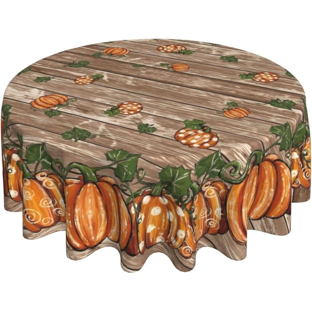Nappe Ronde d'Automne 70 Pouces Orange Brûlé Citrouille Planches de Bois Nappe d'Automne Récolte Action de Grâce Fêtes Couvre-Table Polyester Intérieur Extérieur Nappes pour Cuisine Salle à Manger Fête