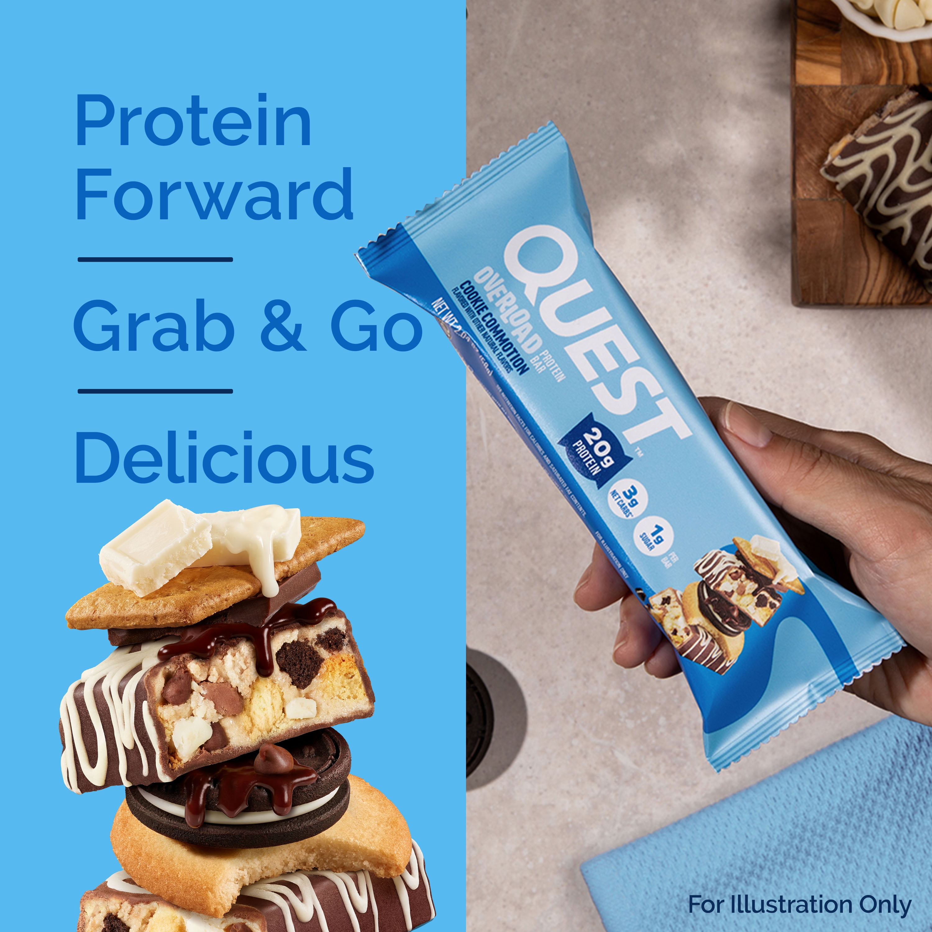 Quest Overload 20g Protein Bar, Cookie Commotion Flavor, High Protein, Gluten Free, 4 Count