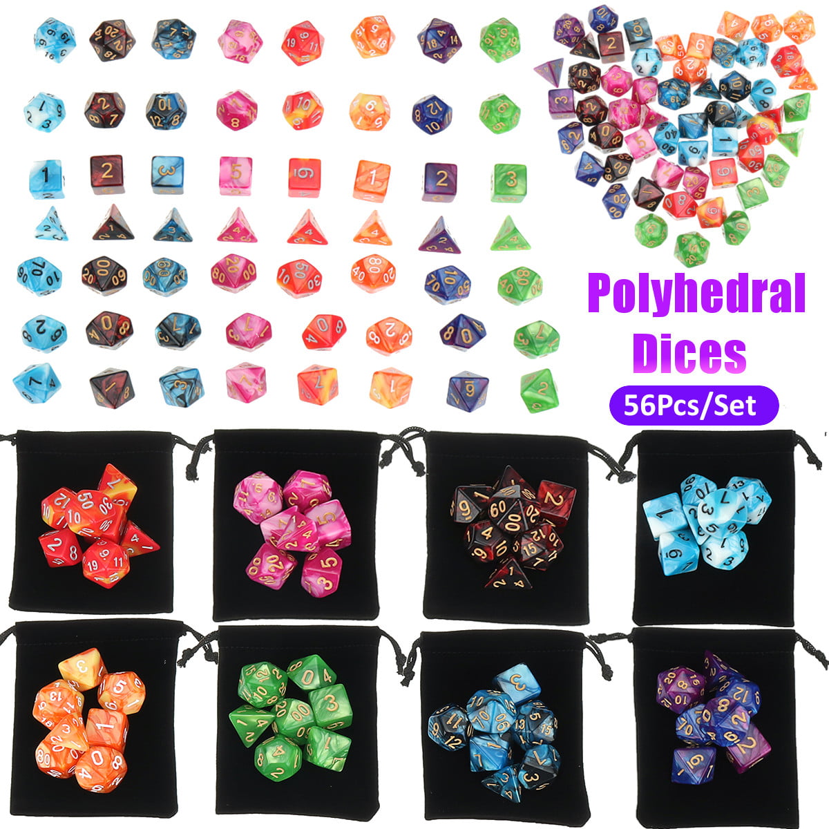 56Pcs 8 Set Polyhedral Dice with Bag for DND RPG MTG Role Playing Board Game