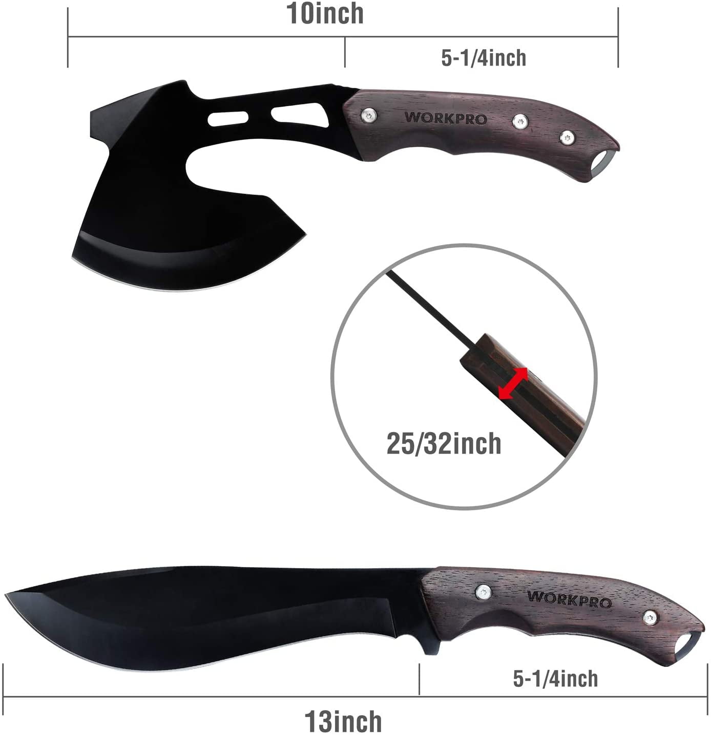 WORKPRO 10-inch Axe and 13-inch Fixed Blade Knife Combo Set, Blade Length 4.75-inch & 7.75-inch, Full Tang, Wood Handle, Nylon Sheath Included-Black