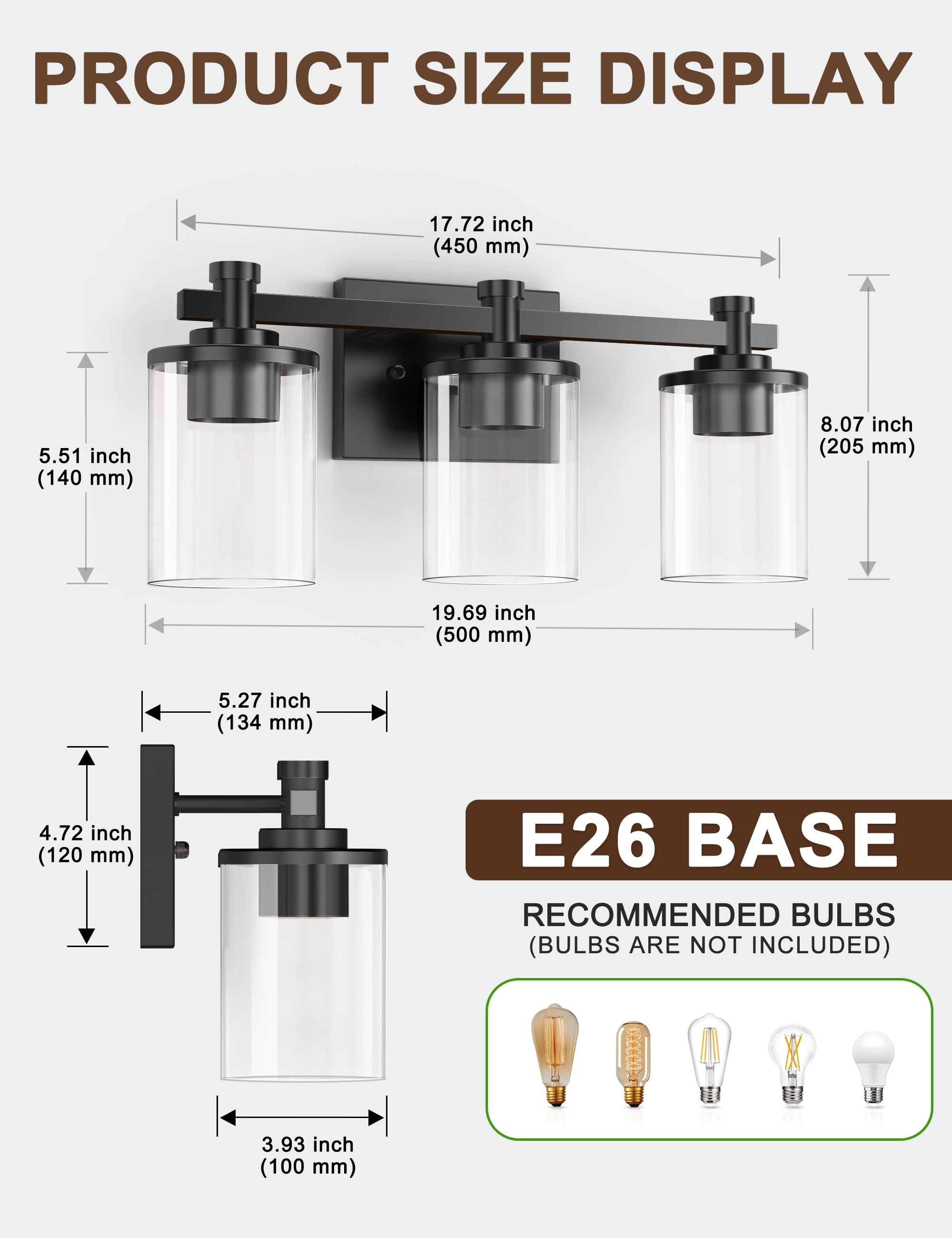 YANSUN 19 in 3-Light Black Vanity Light Bar with Clear Glass Shades E26 Base for Bathroom Mirror, Hallway, Entryway