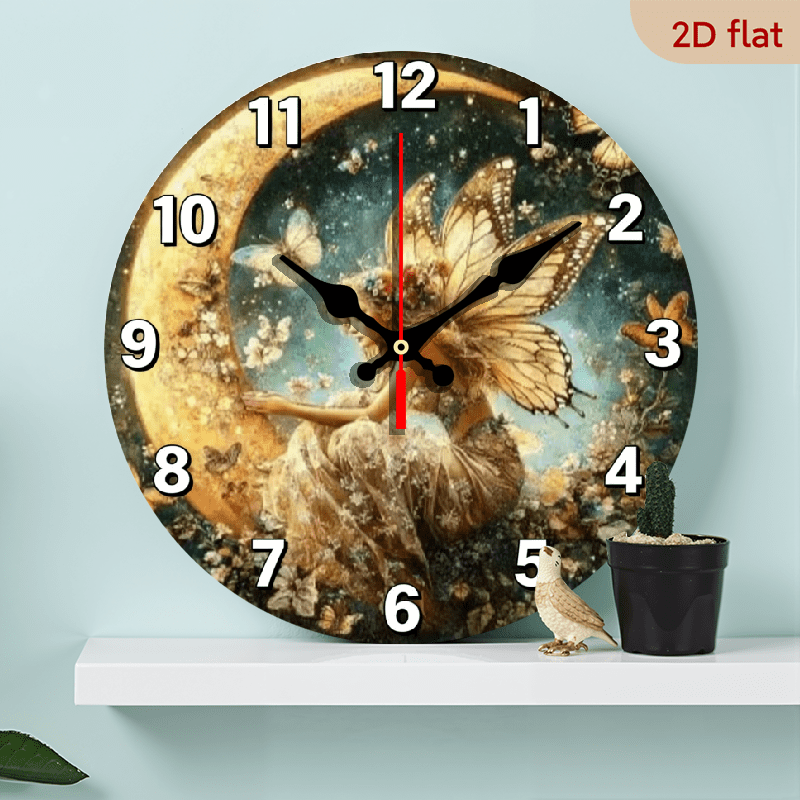 A 10 inch 2 D flat "Butterfly Fairy" themed wooden circular wall clock, suitable for decoration in photo A 10 inch 2 D flat "Butterfly Fairy" themed wooden circular wall clock, suitable for decoration in