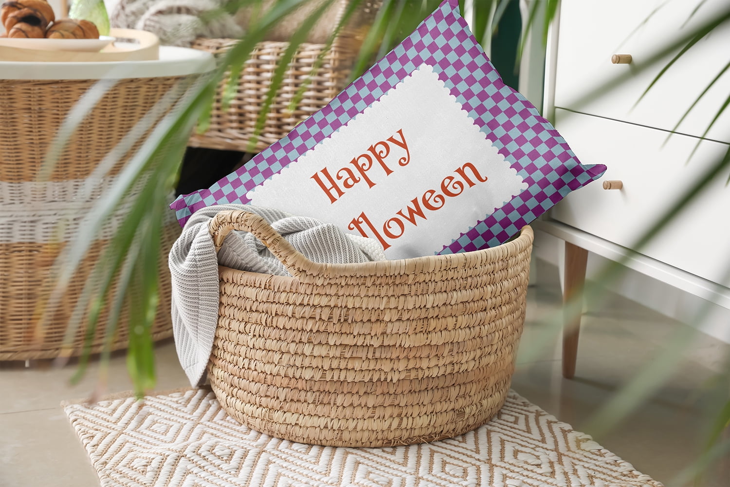 20" x 14" Simply Daisy Halloween Happy Halloween Checks Polyester Accent Pillow, Orchid Qty 1