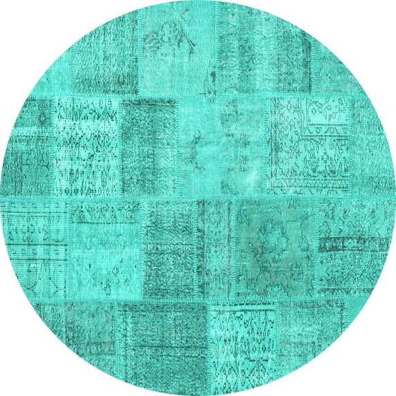 Ahgly Company Machine Washable Indoor Round Patchwork Turquoise Blue Transitional Area Rugs, 8' Round