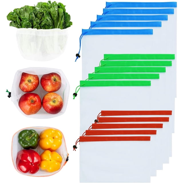 Bolsas Reutilizables 15 PCS, Bolsas de Tela Malla, Organizador de Verduras y Frutas, Bolsas para Supermercado Gran Capacidad, Bolsas para Mandado Ligera y Transpirable